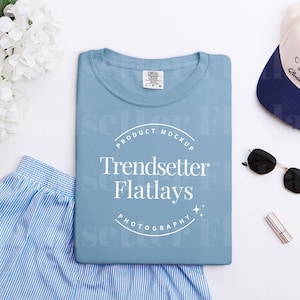 Comfort Colors 1717 Ice Blue Flatlay Mockup | CC1717 Ice Blue TShirt Mockup | Trendy Flat Lay Mock-up | Preppy Summer Aesthetic