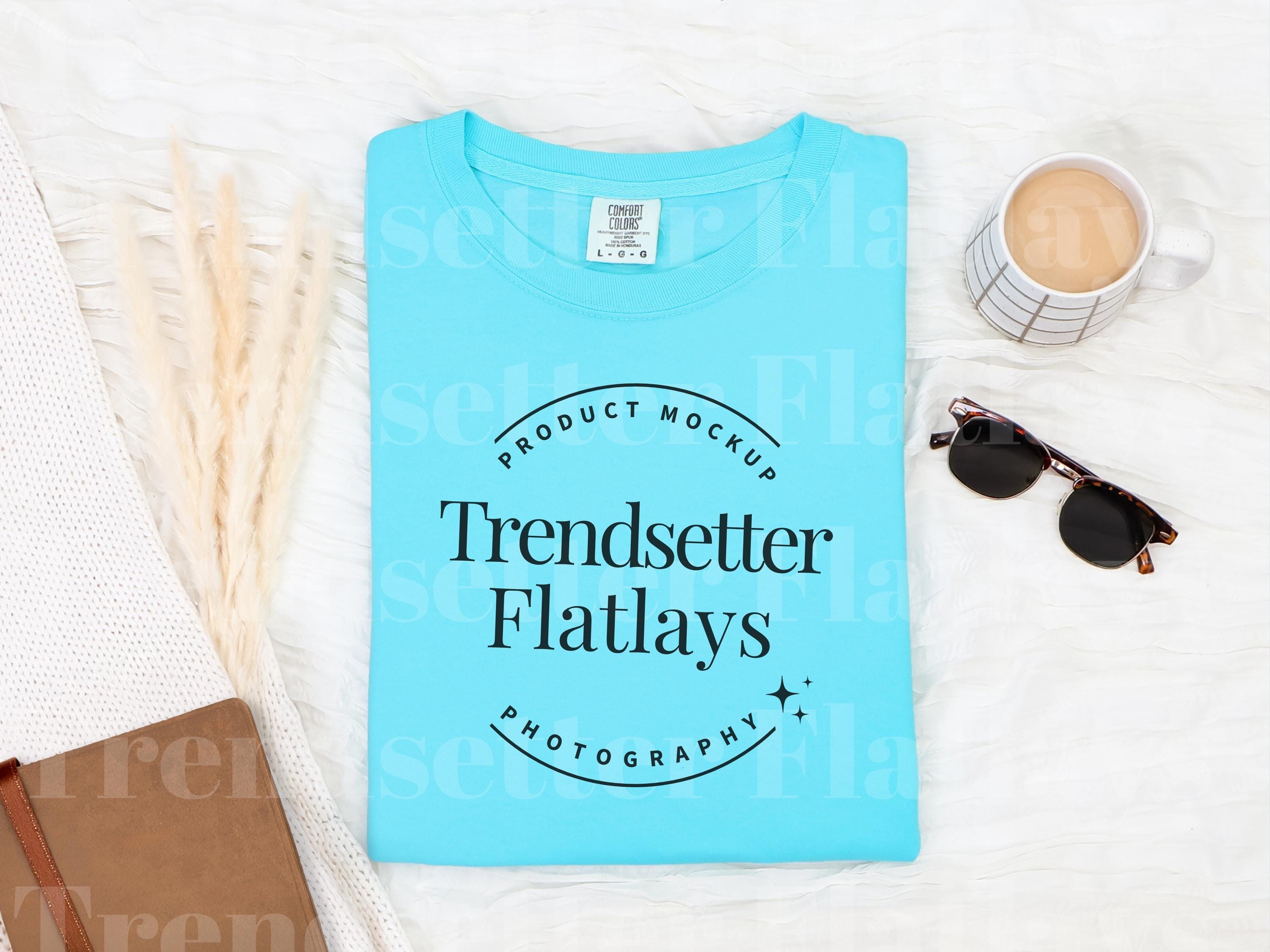 Comfort Colors 1717 Lagoon Blue Flatlay Mockup | CC1717 Lagoon Blue Shirt Mockup | Blue Tshirt Flat Lay Mock-up | Neutral Bookish Boho