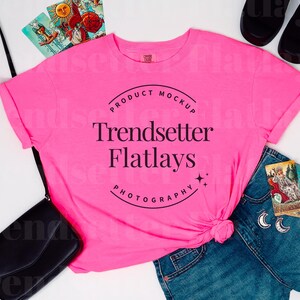 Comfort Colors 1717 Neon Pink Flatlay Mockup | CC1717 Neon Pink Tee Shirt Mockup | Trendy Pink Flat Lay Mock-up | Tarot Aesthetic
