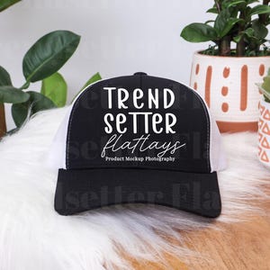 Yupoong 6606 Black White Mockup | Classic Snapback Hat Mockup | Retro Trucker Hat Flatlay | Styled Snapback Hat Mock | Neutral Aesthetic