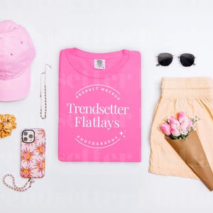 Comfort Colors 1717 Neon Pink Flatlay Mockup | CC1717 Neon Pink TShirt Mockup | Trendy Pink Flat Lay Mock-up | Colorful Spring Aesthetic