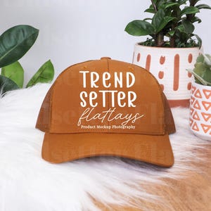 Yupoong 6606 Caramel Mockup | Classic Snapback Hat Mockup | Retro Trucker Hat Flatlay | Styled Snapback Hat Mock | Neutral Aesthetic Flatlay