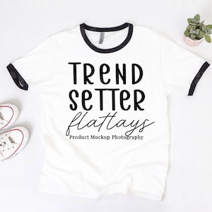 Next Level 3604 White & Black TShirt Mockup | NL3604 Flatlay Mockup | NL3604 White Black Ringer Tee Mock-up | Simple Basic Aesthetic