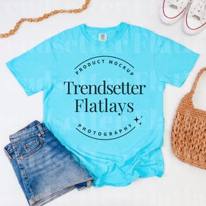 Comfort Colors 1717 Lagoon Blue Flatlay Mockup | CC1717 Lagoon Blue Shirt Mockup | Blue Tshirt Flat Lay Mock-up | Neutral Basic Aesthetic