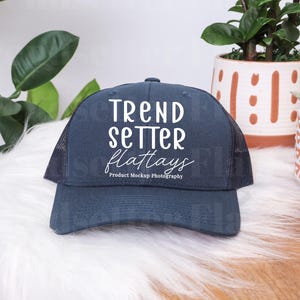 Yupoong 6606 Navy Mockup | Classic Snapback Hat Mockup | Retro Trucker Hat Flatlay | Styled Snapback Hat Mock | Neutral Aesthetic Flatlay