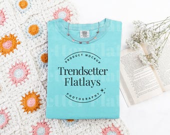 Comfort Colors 1717 Chalky Mint Mockup | CC1717 Chalky Mint Tshirt Mockup | Light Blue Short Sleeve Flat Lay Mock-up | Spring Aesthetic