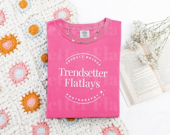 Comfort Colors 1717 Crunchberry Mockup | CC1717 Crunchberry Tshirt Mockup | Pink Short Sleeve Flat Lay Mock-up | Colorful Spring Aesthetic