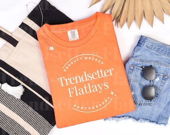 Comfort Colors 1717 Melon Mockup | CC1717 Melon Tshirt Mockup | Orange Short Sleeve Flat Lay Mock-up | Trendy Boho Aesthetic
