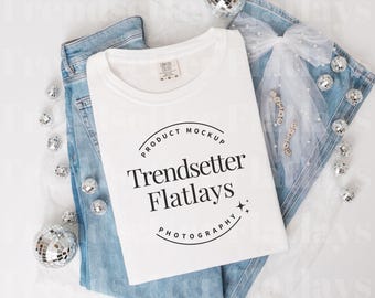 Comfort Colors 1717 White T Shirt Mockup | CC1717 Flatlay Mockup | Bridal Flat Lay Mock-up | White Tee Mockup | Casual Wedding Aesthetic