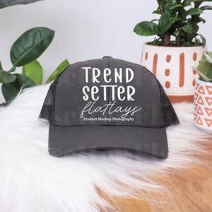 Yupoong 6606 Charcoal Mockup | Classic Snapback Hat Mockup | Retro Trucker Hat Flatlay | Styled Snapback Hat Mock | Neutral Aesthetic