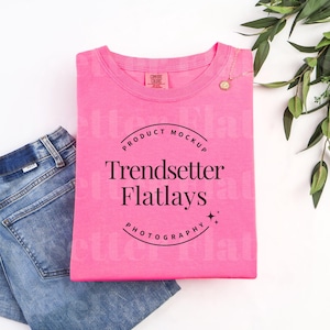 Comfort Colors 1717 Neon Pink Mockup | CC1717 Neon Pink Tshirt Mock-up | Pink Short Sleeve Flat Lay Mock | Neutral Aesthetic