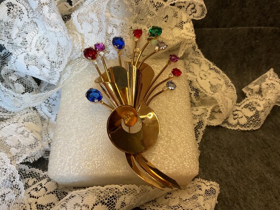 Corocraft 1930s Gold-plated Sterling Silver Gemstone Brooch