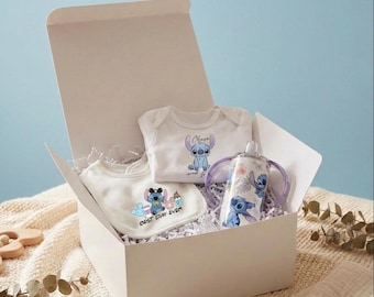 Disney-Inspired Stitch Baby Gift Set – Bodysuit, Sippy Cup, Bib Bundle