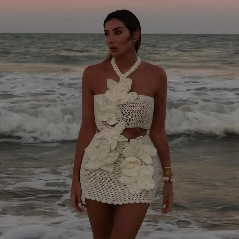 Knitted Beach 3D Floral Slim Strap Sexy Backless Fashion Party White Long Summer Evening Maxi Dress