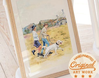 Custom Hand-Painted Portraits,Couple Portrait With Pet,Using Pet Photo,Watercolor Painting,Dog Portraits,Pet Memorial Art,Anniversary Gift