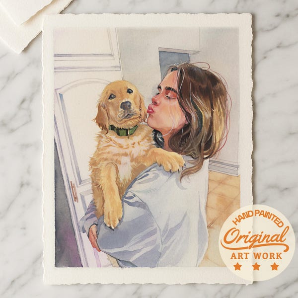 Custom Watercolor Portraits,Couple Portrait With Pet,Christmas Gift,Cat Portraits,Dog Portraits,Pet Memorial Art,Anniversary Gift for him