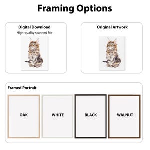 Puede incluir: La imagen muestra opciones de enmarcado para un retrato de gato. Incluye una descarga digital, la obra de arte original y retratos enmarcados en marcos de roble, blanco, negro y nogal. El texto "Framing Options" est&aacute; en la parte superior.