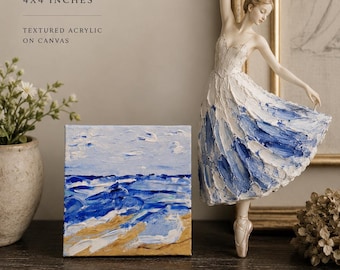 Mini Summer Series Coastal Seascape |Painting Original Art 4x4 | Textured Ocean Acrylic Painting Neutral Coastal Decor