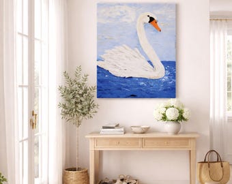 Ivory Glide | Swan Painting Original, 16x20 Acrylic on Canvas, Textured Palette Knife Art, Blue Water Bird Artwork