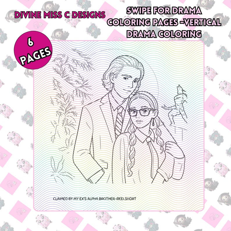 Op de afbeelding: Een zwart-witte lijntekening van twee mensen, een man en een vrouw, met de tekst "SWIPE FOR DRAMA COLORING PAGES - VERTICAL DRAMA COLORING". De afbeelding bevat ook de tekst "DIVINE MISS C DESIGNS" en "6 PAGES".
