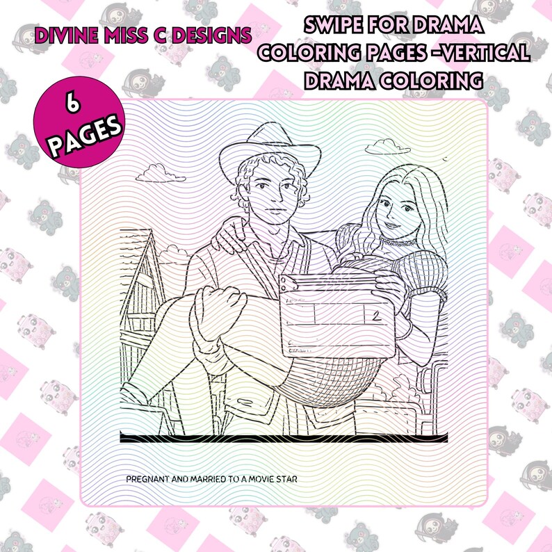 Op de afbeelding: Zwart-wit kleurplaat met een man die een vrouw draagt die een filmklapper vasthoudt. Tekst bevat "SWIPE FOR DRAMA COLORING PAGES - VERTICAL DRAMA COLORING" en "PREGNANT AND MARRIED TO A MOVIE STAR". De afbeelding is gelabeld "6 PAGES".