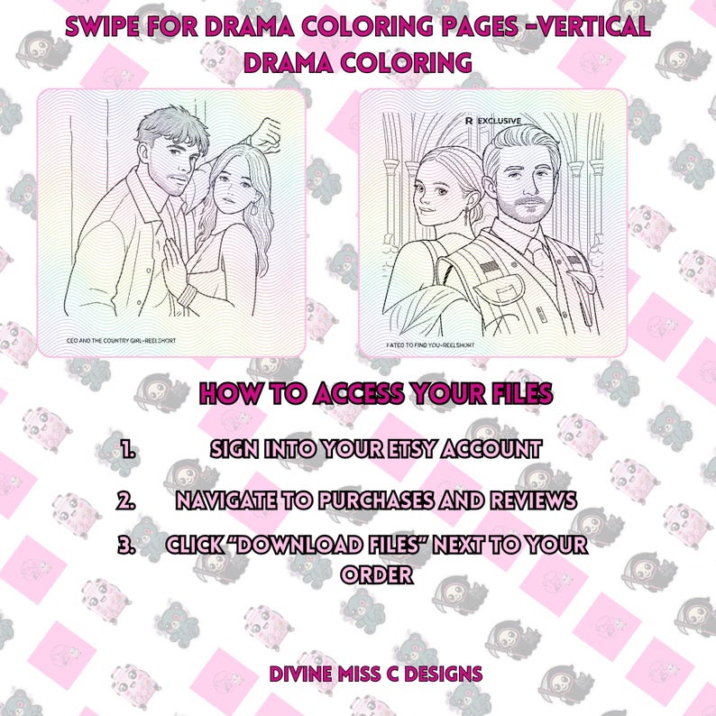 Op de afbeelding: Verticale drama kleurplaten met twee illustraties van koppels. De tekst luidt "Swipe for Drama Coloring Pages - Vertical Drama Coloring". Er staan ook instructies over hoe je toegang krijgt tot bestanden. De onderkant van de afbeelding bevat de tekst "Divine Miss C Designs."