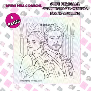 Op de afbeelding: Een zwart-wit lijntekening van een man en een vrouw, waarschijnlijk uit een drama, met de tekst "SWIPE FOR DRAMA COLORING PAGES - VERTICAL DRAMA COLORING". De afbeelding is gelabeld met "R EXCLUSIVE" en "FATED TO FIND YOU-REELSHORT". Een roze cirkel leest "6 PAGES".