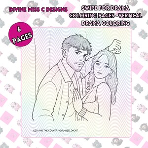 Op de afbeelding: Een zwart-witte lijntekening van een man en een vrouw in een romantische omhelzing, met de tekst "CEO AND THE COUNTRY GIRL-REELSHORT." De afbeelding is gelabeld "6 PAGES" en bevat de tekst "SWIPE FOR DRAMA COLORING PAGES - VERTICAL DRAMA COLORING."