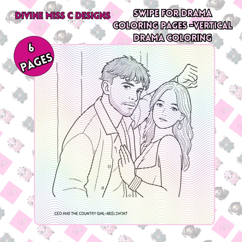 Op de afbeelding: Een zwart-witte lijntekening van een man en een vrouw in een romantische omhelzing, met de tekst "CEO AND THE COUNTRY GIRL-REELSHORT." De afbeelding is gelabeld "6 PAGES" en bevat de tekst "SWIPE FOR DRAMA COLORING PAGES - VERTICAL DRAMA COLORING."