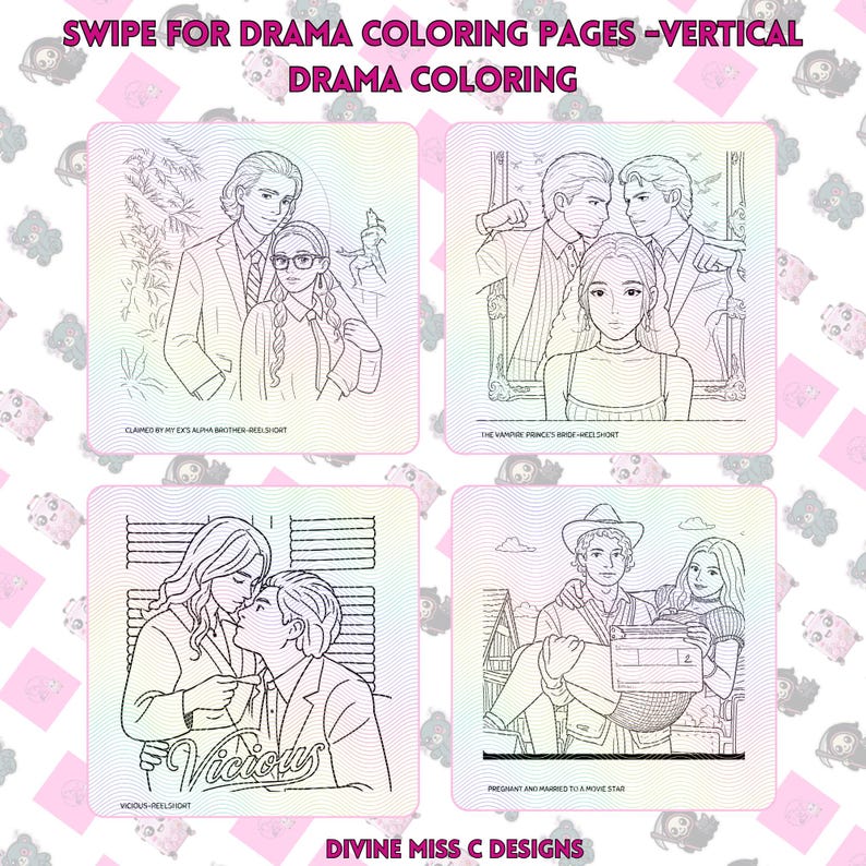 Op de afbeelding: Vier drama-kleurplaten met zwart-wit illustraties van koppels en sc&egrave;nes. Tekst bevat "Drama Coloring", "Vicious" en "Pregnant and Married to a Movie Star". De pagina's staan op een achtergrond met patronen.