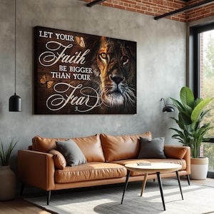Let Your Faith Be Bigger Than Your Fear Lion Wall Art, Christian Quote Rustic Decor for Living Room Bedroom, Jesus Landscape Canvas Prints