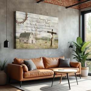 Christian Wall Art Rustic Farmhouse Decor, Amazing Grace Quote Canvas, Old Rugged Cross Barn Print, Religious Inspirational Sign Canvas