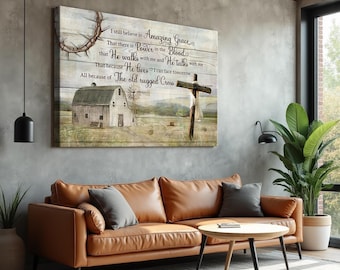 Christian Wall Art Rustic Farmhouse Decor, Amazing Grace Quote Canvas, Old Rugged Cross Barn Print, Religious Inspirational Sign Canvas