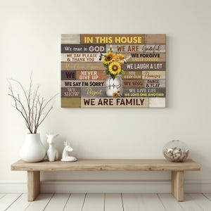 In diesem Haus vertrauen wir auf Gott, Sonnenblumen-Wanddekor, Christliche Hauswandkunst, Jesus-Landschaftsleinwand, Bauernhaus-Wohnzimmerdekor