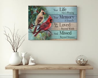 Arte mural de cardenal "Tu vida fue una bendición", pintura conmemorativa de cardenal, letrero de condolencias y decoración con impresiones en lienzo de paisajes de Jesús