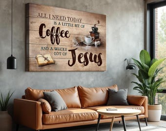 Coffee and Jesus Wall Art – Rustic Kitchen Faith Decor – Bible Verse Print – Jesus Landscape Canvas Prints for Home and Office Display