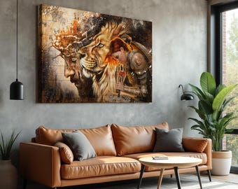 León de Judá con una guerrera orando a Jesús - Decoración de pared - Arte cristiano poderoso - Impresiones en lienzo de paisajes de Jesús - Decoración espiritual para el hogar