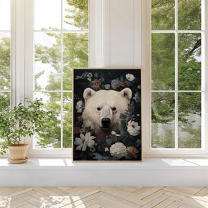Flower, Aesthetic Bear Art, Animal Wall Art, Majestic Bear, Digital Wall Art,  Wall art, Art Canvas Wall Art, Living Room Decor