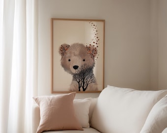 Whimsical Bear Art Print: Nature-Inspired Kids Room Decor (Digital Download)