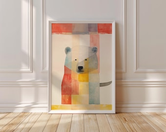 Impresión de oso en acuarela: Arte mural abstracto de patchwork (descarga digital)
