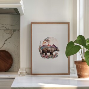 Vibrant, Flower, Aesthetic Art, Cute Animal Illustration, Living Room & Bedroom Print, Printable Wall Art, Bear Decor, Brown Bear Artwork