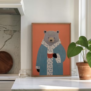 Cozy Bear Wall Art, Instant Download, Cute Animal Illustration, Colorful Poster, Trendy Poster, Kitchen Wall Art, Morning Art, Coffee Me
