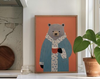 Ilustración de un oso acogedor: Impresión de arte para la pared de la cocina (descarga digital)