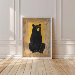 Yellow Bear Art, Digital Wall Art, Cabin Decor Bear Print, Forest Bear Artwork, Wildlife Wall Art, Woodland, Forest Animals, Rustic Wall Art
