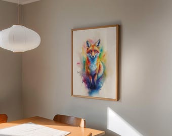 Majestueuze vos aquarel kunstafdruk: kleurrijke vos illustratie (digitale download)