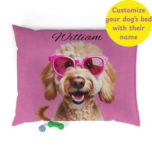 Labradoodle Dog Bed with Custom Name, Funny Pet Bed with Sunglass-Wearing Dog Print, Cozy Pink Bed for Stylish Pups