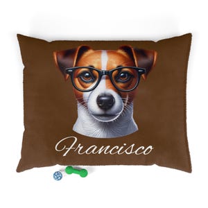 Personaliseerbare hondenmand met naam, schattig Jack Russell-ontwerp met bril, de comfortabelste plek in huis voor je harige kamergenoot