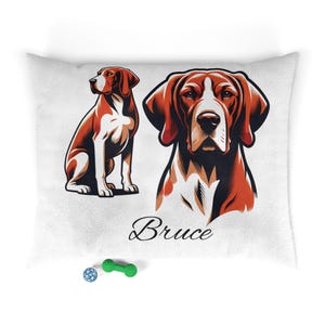 Hound Dog Custom Name Bed, Soft White Personalized Dog Bed with Brown Cartoon-Style Pup in Sitting and Portrait Pose
