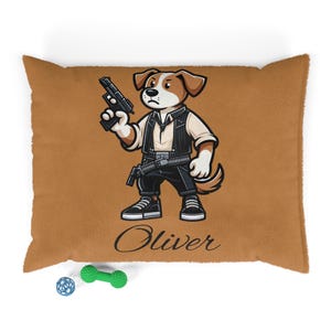 Custom Name Dog Bed, Badass Beagle Cartoon Design with Gun, Personalized Bed for Tough Dogs with Attitude