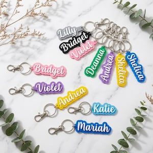 Op de afbeelding: Een verzameling kleurrijke acryl naam sleutelhangers in verschillende kleuren, waaronder roze, paars, geel, groen en blauw. Elke sleutelhanger heeft een andere naam in witte scriptletters. Sleutelhangers zijn bevestigd aan zilveren sleutelringen.